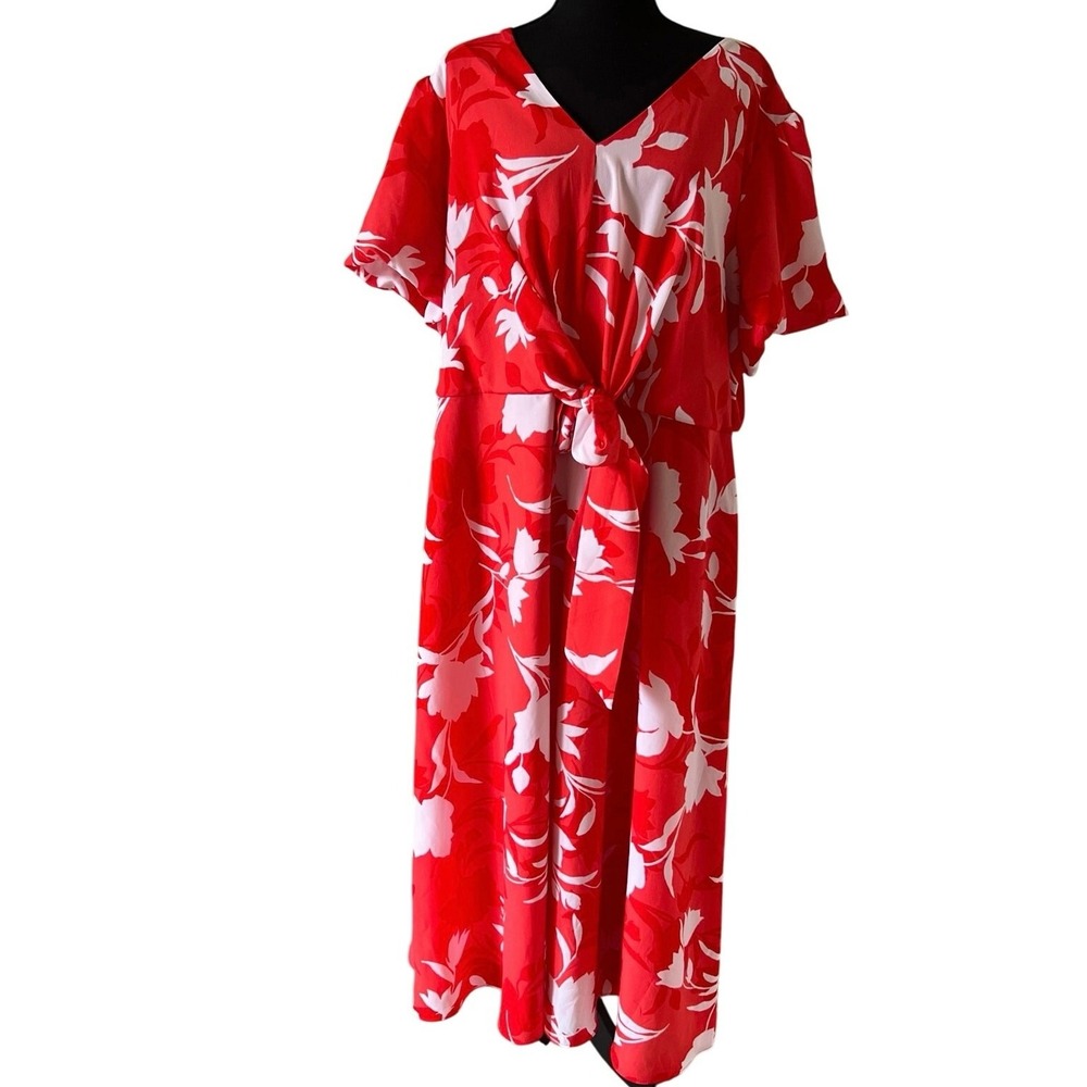 Lane Bryant Red Floral V-Neck Tie Front Midi Dress Plus Size 22 Spring Summer - Picture 2 of 10